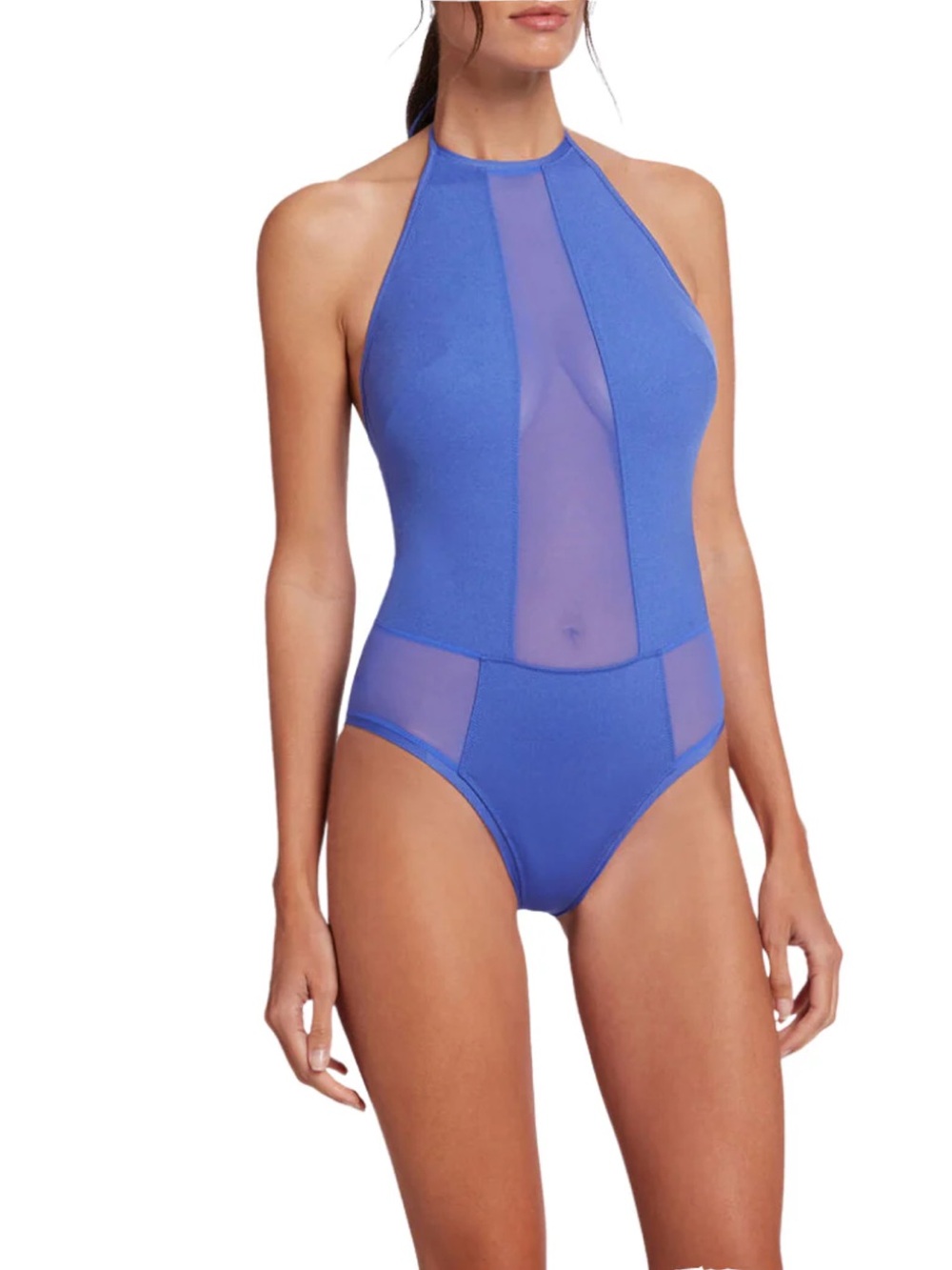 Wolford Minimalist Mesh Panel Halter One Piece Swimsuit Egyptian Blue S